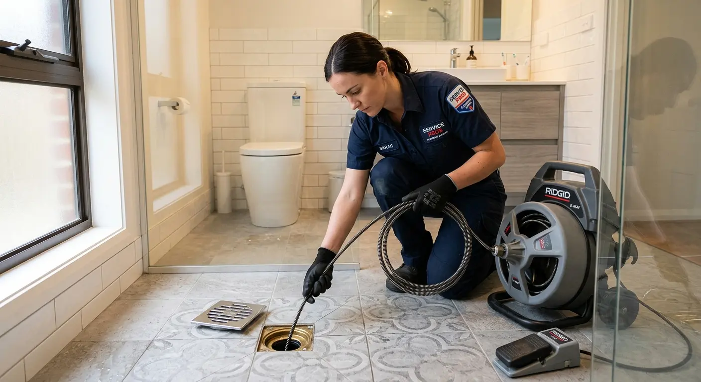 Technician clearing a bathroom floor drain for Drain Cleaning in Rockford